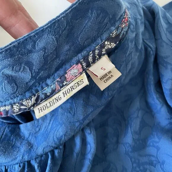 Holding Horses Leyton Blue Floral Swing Mini Dress Open Slit Long Sleeve XS - Picture 6 of 9